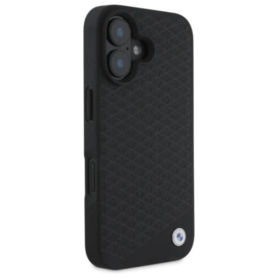 Калъф за iPhone 16 - BMW Signature Leather Diamond Metal Metal Logo MagSafe (BMHMP16S23RDDK) - черен