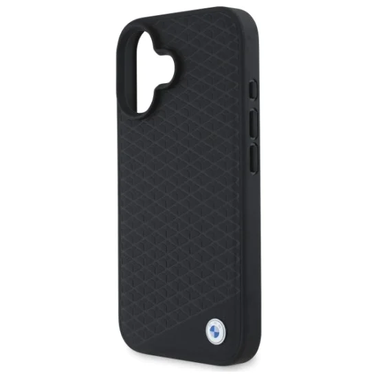 Калъф за iPhone 16 - BMW Signature Leather Diamond Metal Metal Logo MagSafe (BMHMP16S23RDDK) - черен