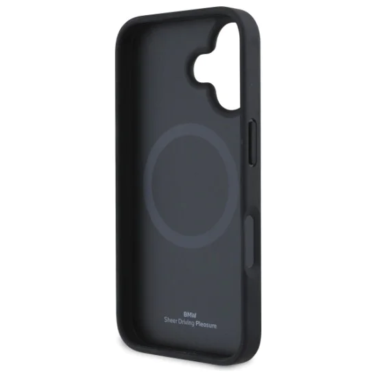 Калъф за iPhone 16 - BMW Signature Leather Diamond Metal Metal Logo MagSafe (BMHMP16S23RDDK) - черен
