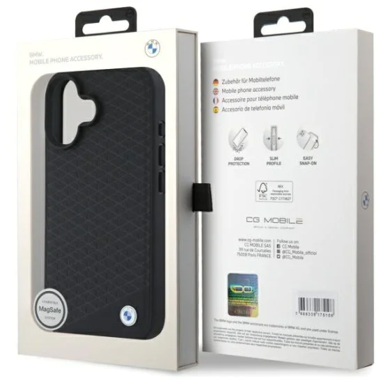 Калъф за iPhone 16 - BMW Signature Leather Diamond Metal Metal Logo MagSafe (BMHMP16S23RDDK) - черен