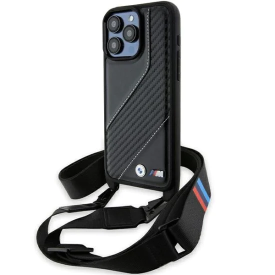 Калъф за iPhone 15 Pro - BMW Leather M Edition Carbon Stripe & Strap (BMHCP15L23PSCCK) - черен