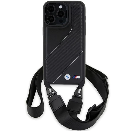 Калъф за iPhone 15 Pro - BMW Leather M Edition Carbon Stripe & Strap (BMHCP15L23PSCCK) - черен