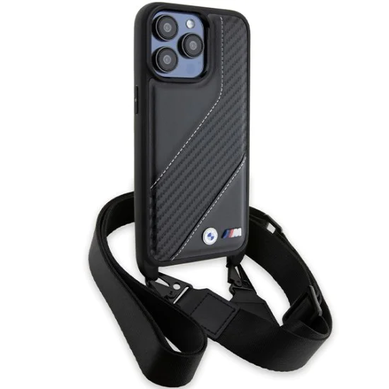 Калъф за iPhone 15 Pro - BMW Leather M Edition Carbon Stripe & Strap (BMHCP15L23PSCCK) - черен