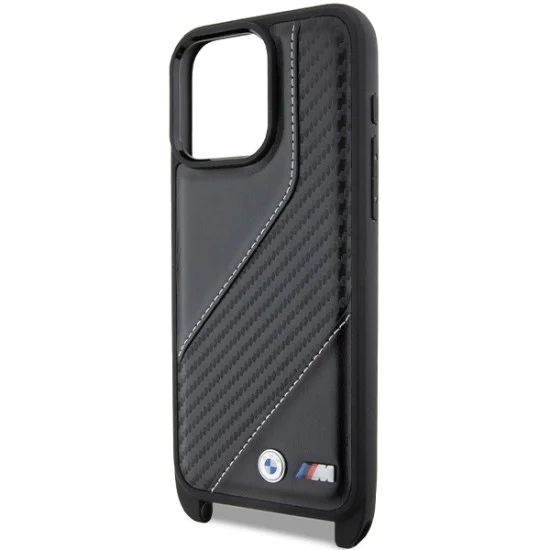 Калъф за iPhone 15 Pro - BMW Leather M Edition Carbon Stripe & Strap (BMHCP15L23PSCCK) - черен