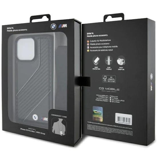 Калъф за iPhone 15 Pro - BMW Leather M Edition Carbon Stripe & Strap (BMHCP15L23PSCCK) - черен