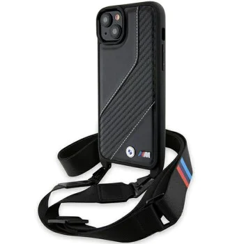 Калъф за iPhone 15 Plus - BMW Leather M Edition Carbon Stripe & Strap (BMHCP15M23PSCCK) - Черен