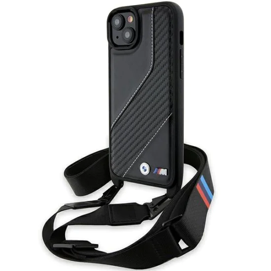 Калъф за iPhone 15 Plus - BMW Leather M Edition Carbon Stripe & Strap (BMHCP15M23PSCCK) - Черен