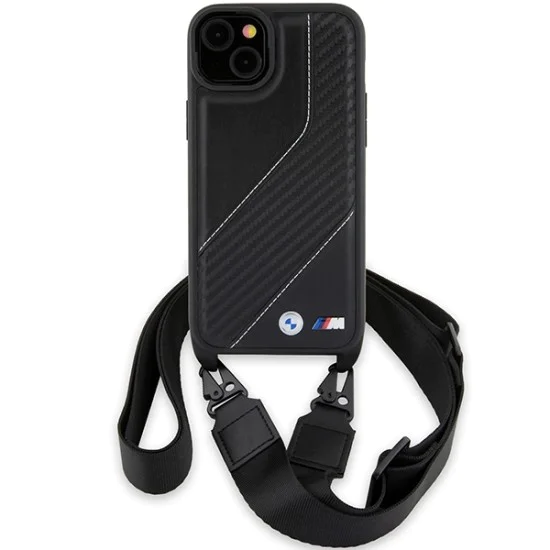 Калъф за iPhone 15 Plus - BMW Leather M Edition Carbon Stripe & Strap (BMHCP15M23PSCCK) - Черен