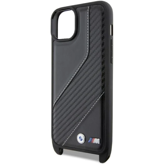 Калъф за iPhone 15 Plus - BMW Leather M Edition Carbon Stripe & Strap (BMHCP15M23PSCCK) - Черен