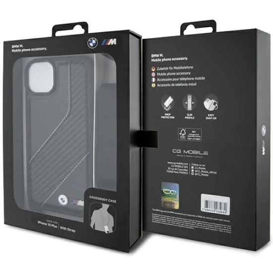 Калъф за iPhone 15 Plus - BMW Leather M Edition Carbon Stripe & Strap (BMHCP15M23PSCCK) - Черен