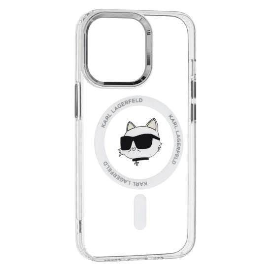 Калъф за iPhone 13 Pro - Karl Lagerfeld IML MagSafe (KLHMP13LHLHLSCHH) - White Metal Choupette`s Head