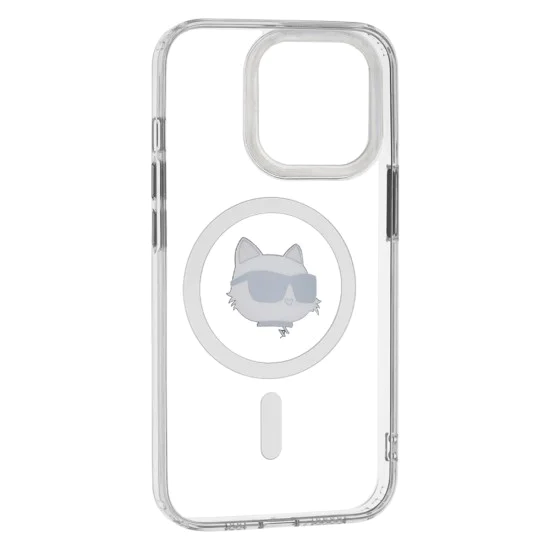 Калъф за iPhone 13 Pro - Karl Lagerfeld IML MagSafe (KLHMP13LHLHLSCHH) - White Metal Choupette`s Head