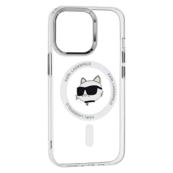 Калъф за iPhone 13 Pro Max - Karl Lagerfeld IML MagSafe (KLHMP13XHLHLSCHH) - White Metal Choupette`s Head