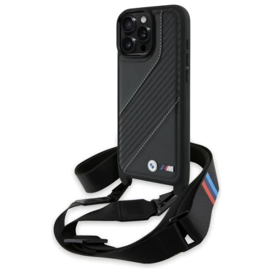 Калъф за iPhone 16 Pro Max - BMW - Кожен M Edition с карбонови ленти и каишка (BMHCP16X23PSCK) - Черен
