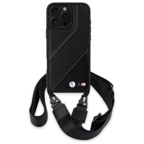 Калъф за iPhone 16 Pro Max - BMW - Кожен M Edition с карбонови ленти и каишка (BMHCP16X23PSCK) - Черен