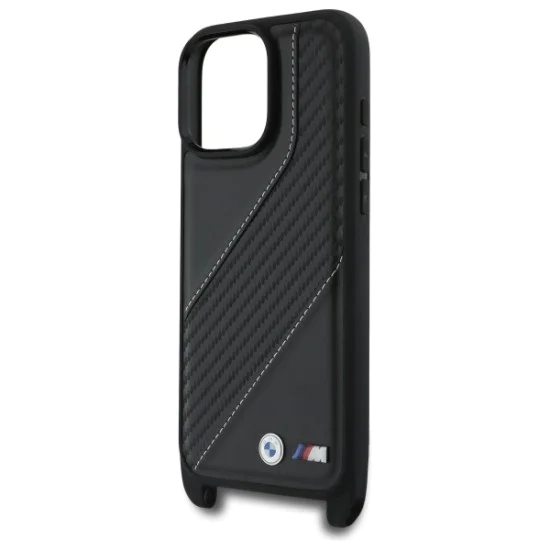 Калъф за iPhone 16 Pro Max - BMW - Кожен M Edition с карбонови ленти и каишка (BMHCP16X23PSCK) - Черен