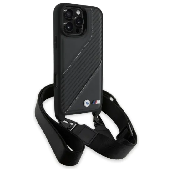 Калъф за iPhone 16 Pro Max - BMW - Кожен M Edition с карбонови ленти и каишка (BMHCP16X23PSCK) - Черен