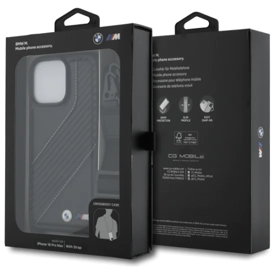 Калъф за iPhone 16 Pro Max - BMW - Кожен M Edition с карбонови ленти и каишка (BMHCP16X23PSCK) - Черен