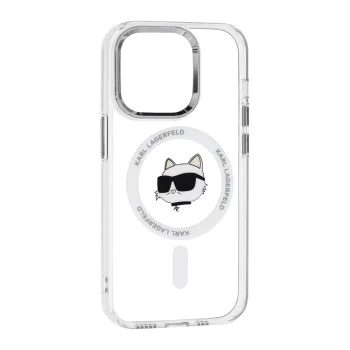 Калъф за iPhone 14 Pro - Karl Lagerfeld IML MagSafe (KLHMP14LHLHLSCHH) - White Metal Choupette`s Head