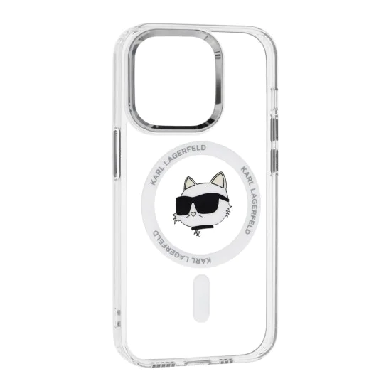 Калъф за iPhone 14 Pro - Karl Lagerfeld IML MagSafe (KLHMP14LHLHLSCHH) - White Metal Choupette`s Head