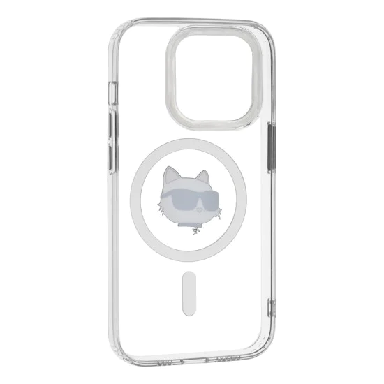 Калъф за iPhone 14 Pro - Karl Lagerfeld IML MagSafe (KLHMP14LHLHLSCHH) - White Metal Choupette`s Head