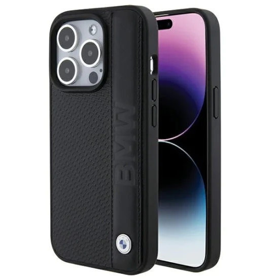 Калъф за iPhone 15 Pro - BMW Natural Leather Textured & Stripe (BMHCP15L22RDPK) - черен