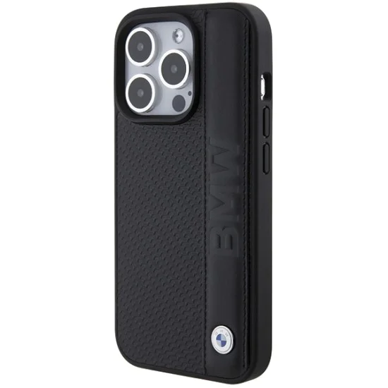 Калъф за iPhone 15 Pro - BMW Natural Leather Textured & Stripe (BMHCP15L22RDPK) - черен