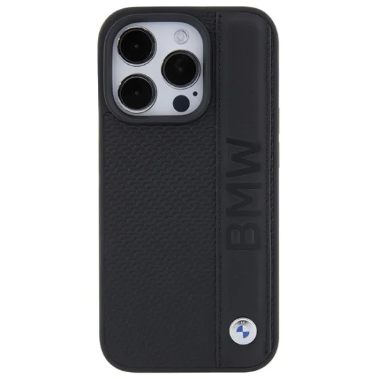 Калъф за iPhone 15 Pro - BMW Natural Leather Textured & Stripe (BMHCP15L22RDPK) - черен