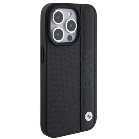 Калъф за iPhone 15 Pro - BMW Natural Leather Textured & Stripe (BMHCP15L22RDPK) - черен