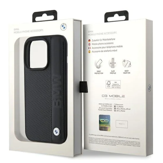 Калъф за iPhone 15 Pro - BMW Natural Leather Textured & Stripe (BMHCP15L22RDPK) - черен