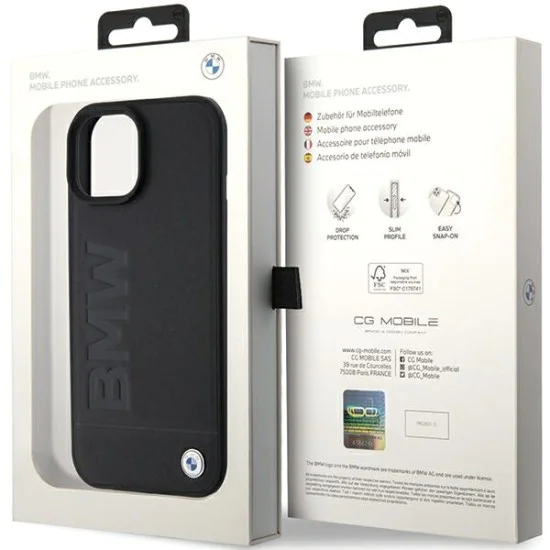 Калъф за iPhone 15 Plus - BMW Natural Leather Hot Stamp (BMHCCHCP15MSLLLLBK) - черен