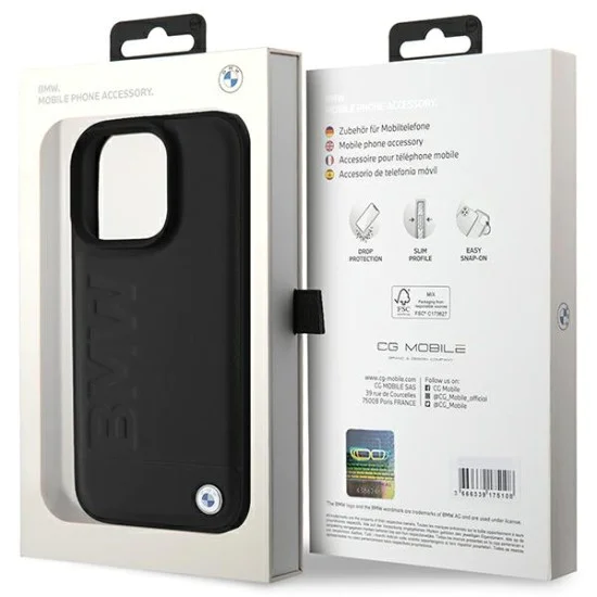 Калъф за iPhone 16 Pro - BMW - Естествен - Кожен Hot Stamp (BMHCP16LSLLBK) - Черен
