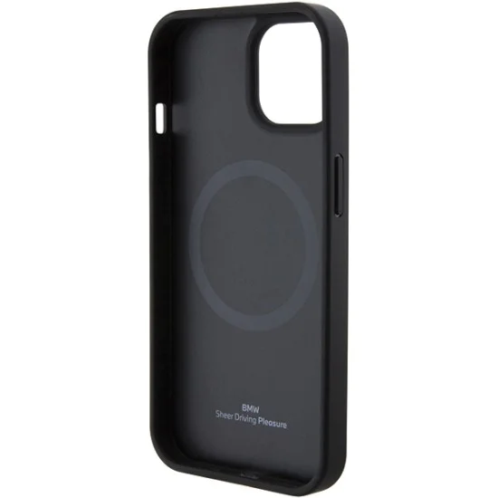 Калъф за iPhone 15 Plus - BMW Natural MagSafe Leather Hot Stamp (BMHMP15MSLLBK) - черен
