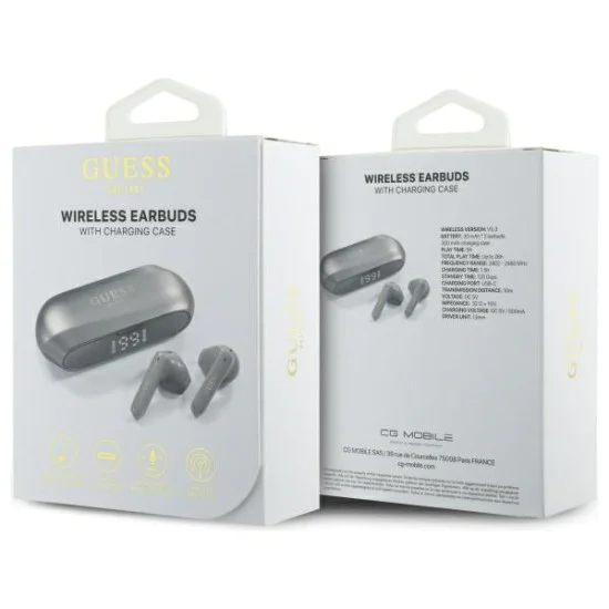 Безжични стерео, Bluetooth - Слушалки Guess Elongated Metallic Printed Logo (GUTWSC2MCDSE) - Сиви