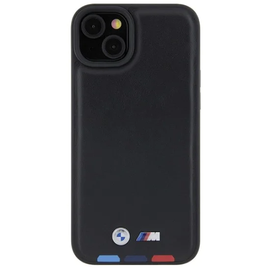 Калъф за iPhone 15 Plus - BMW Leather Stamp Tricolor (BMHCP15M22PTDK) - черен