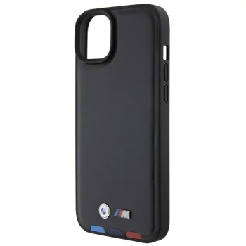 Калъф за iPhone 15 Plus - BMW Leather Stamp Tricolor (BMHCP15M22PTDK) - черен