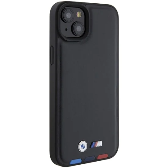 Калъф за iPhone 15 Plus - BMW Leather Stamp Tricolor (BMHCP15M22PTDK) - черен