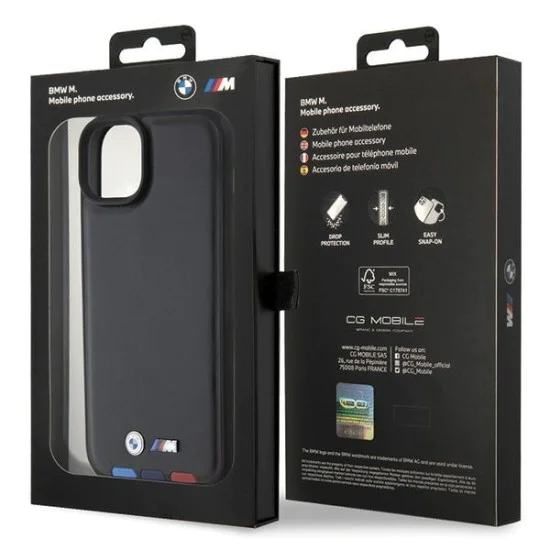 Калъф за iPhone 15 Plus - BMW Leather Stamp Tricolor (BMHCP15M22PTDK) - черен