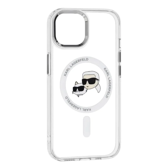 Калъф за iPhone 15 - Karl Lagerfeld IML MagSafe (KLHMP15SHLSKCH) - Бял метал Karl&Choupette Heads