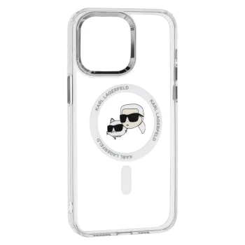 Калъф за iPhone 15 Pro Max - Karl Lagerfeld IML MagSafe (KLHMP15XHLSKCH) - White Metal Karl&Choupette Heads