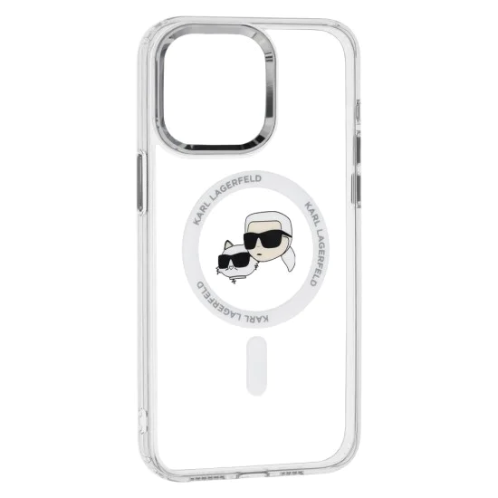 Калъф за iPhone 15 Pro Max - Karl Lagerfeld IML MagSafe (KLHMP15XHLSKCH) - White Metal Karl&Choupette Heads
