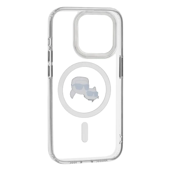 Калъф за iPhone 15 Pro Max - Karl Lagerfeld IML MagSafe (KLHMP15XHLSKCH) - White Metal Karl&Choupette Heads