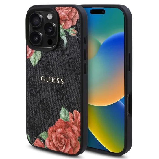 Калъф за iPhone 16 Pro Max - Guess Hardcase 4G Flower Print Flower Print MagSafe (GUHMP16XP4ROPEMCK) - Черен