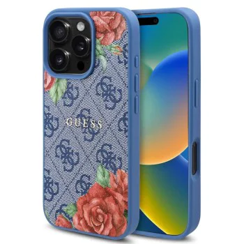 Калъф за iPhone 16 Pro - Guess Hardcase 4G Flower Print Flower Print MagSafe (GUHMP16LP4ROPEMCB) - Син