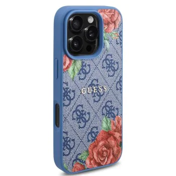 Калъф за iPhone 16 Pro - Guess Hardcase 4G Flower Print Flower Print MagSafe (GUHMP16LP4ROPEMCB) - Син