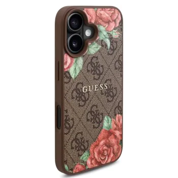 Калъф за iPhone 16 - Guess Hardcase 4G Flower Print Flower Print MagSafe (GUHMP16SP4ROPEMCW) - Кафяв