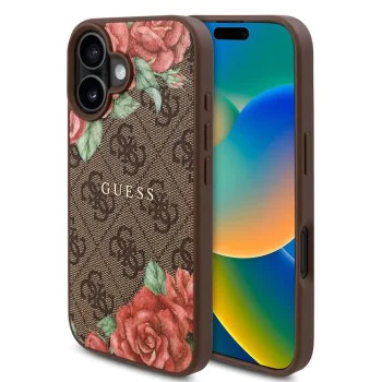 Калъф за iPhone 16 - Guess Hardcase 4G Flower Print Flower Print MagSafe (GUHMP16SP4ROPEMCW) - Кафяв