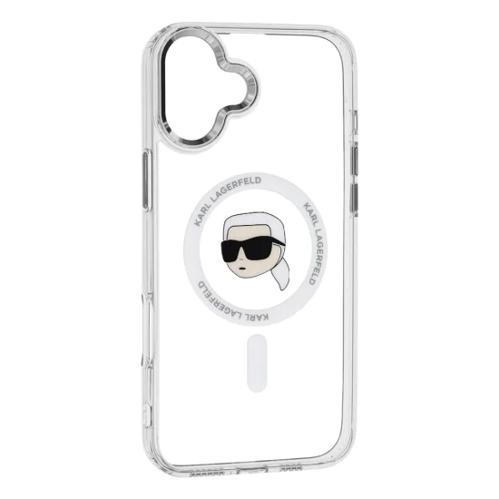 Калъф за iPhone 16 - Karl Lagerfeld IML MagSafe (KLHMP16SHLSKIH) - White Metal Karl`s Head