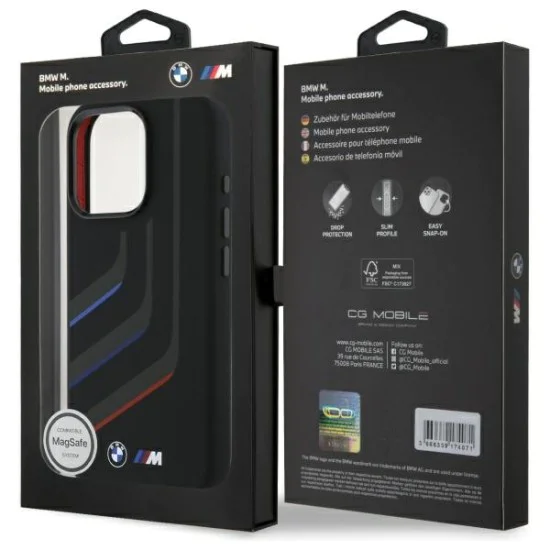 Калъф за iPhone 16 Pro - BMW - Твърд калъф - Силиконови линии за завиване MagSafe (BMHMP16L23SLIK) - Черен