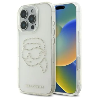 Калъф за iPhone 16 Pro Max - Karl Lagerfeld IML Rhinestones (KLHCP16XHKKHDCELT) - Transparent Karl Head
